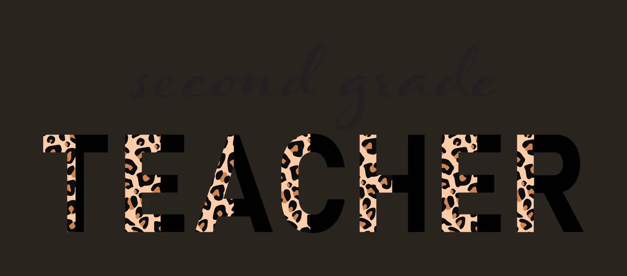 Second grade TEACHER Typography Design with leopard print pattern, block lettering and cursive script in black, tan and brown contrast preview thumbnail