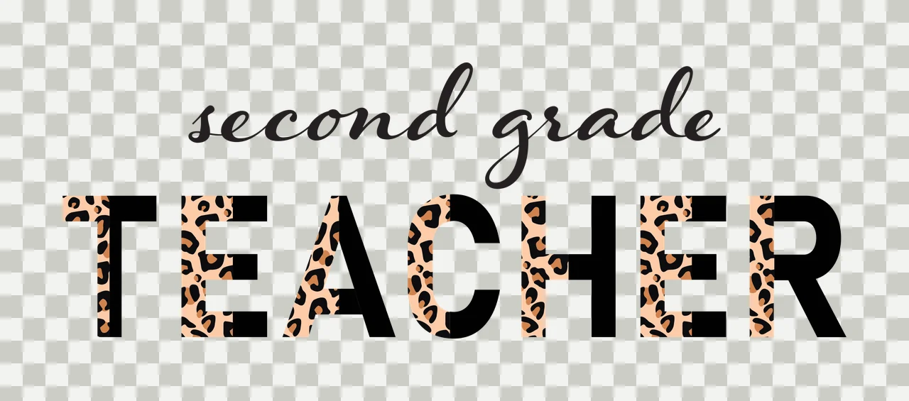 Second grade TEACHER Typography Design with leopard print pattern, block lettering and cursive script in black, tan and brown transparency and detail preview thumbnail