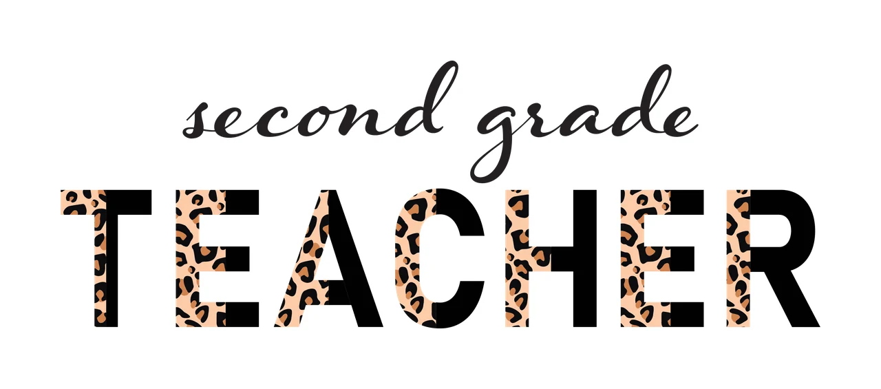 Second grade TEACHER Typography Design with leopard print pattern, block lettering and cursive script in black, tan and brown