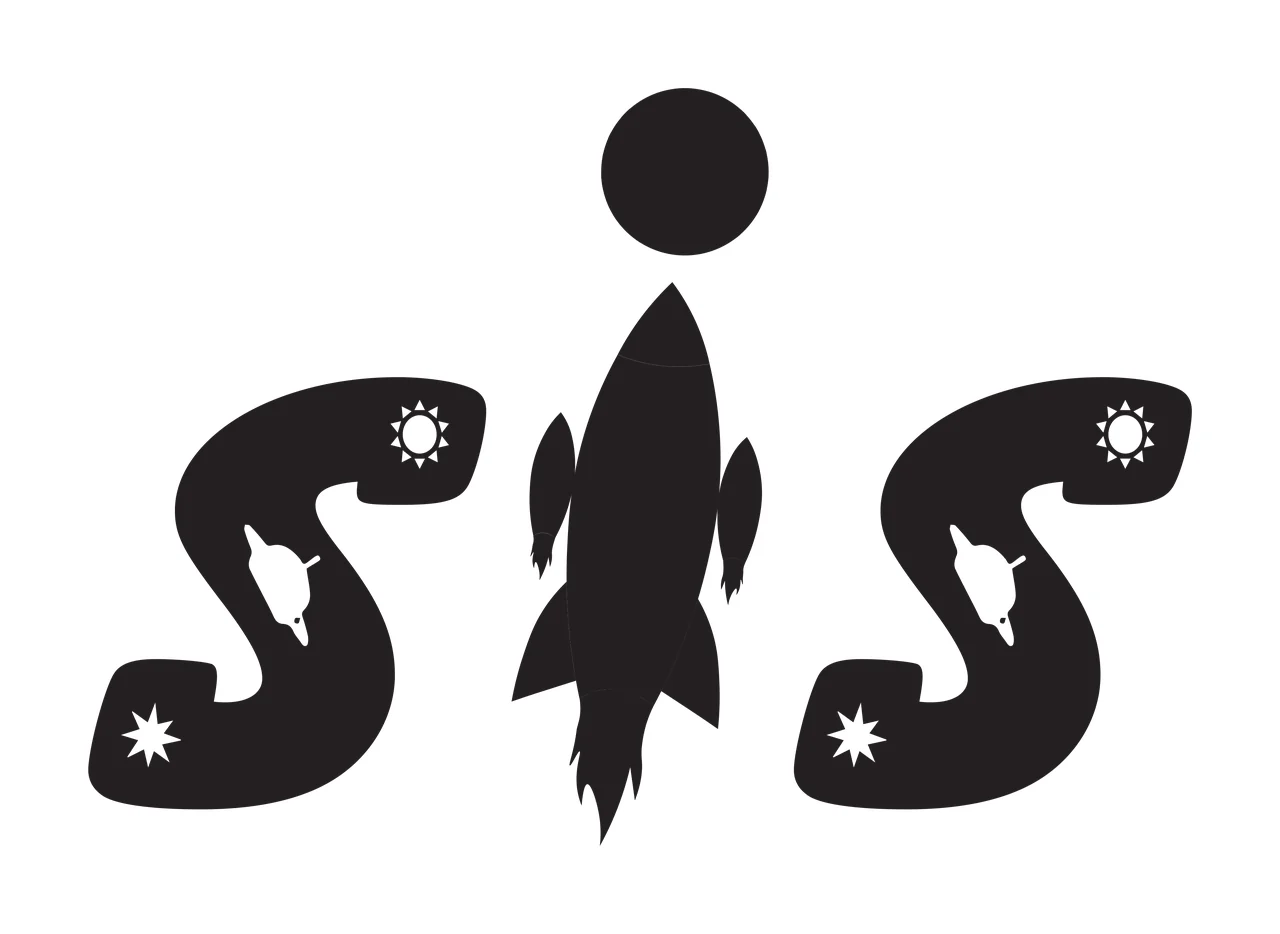 SIS Typography Design with rocket, sun, stars and planet in black and white