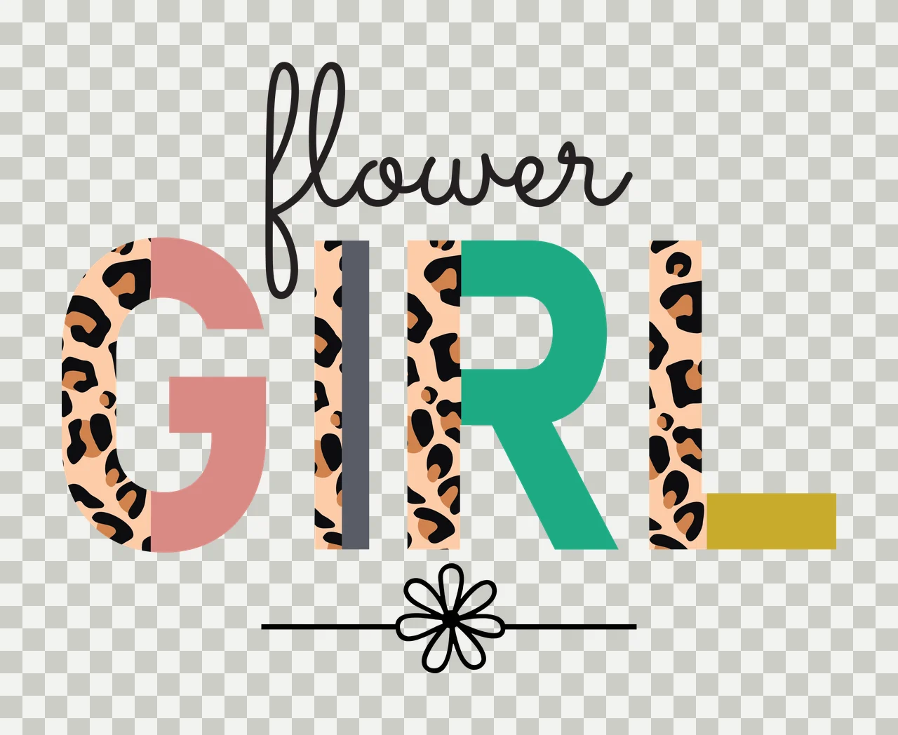 Flower GIRL Typography Design with flower text in black cursive, GIRL letters with leopard print and solid color blocks and black flower icon with stem and line in pink and teal transparency and detail preview thumbnail