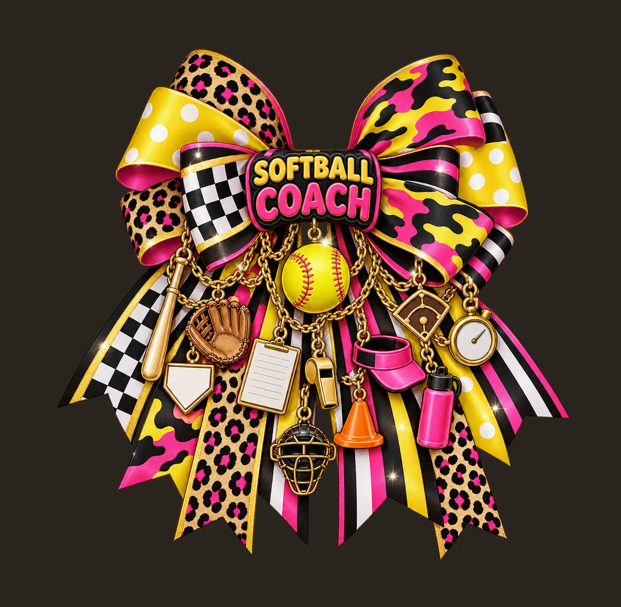 Softball Coach Bow Charm PNG, Gold Chain Charms, Transparent Sublimation Design, Digital Download contrast preview thumbnail