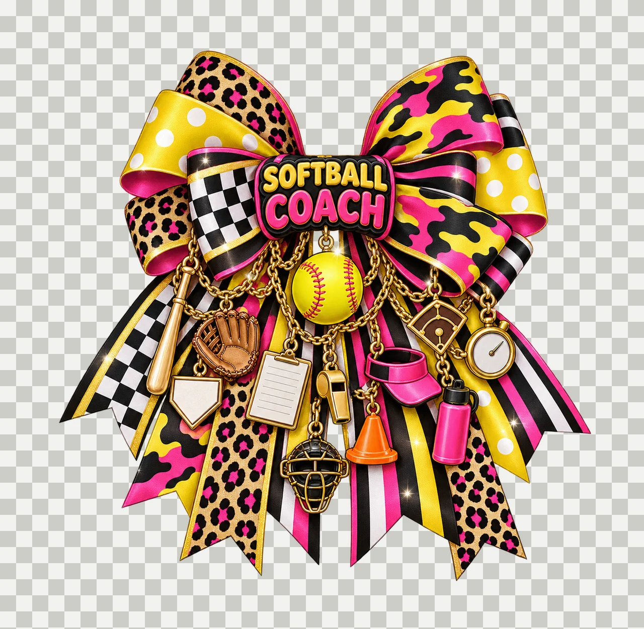 Softball Coach Bow Charm PNG, Gold Chain Charms, Transparent Sublimation Design, Digital Download transparency and detail preview thumbnail