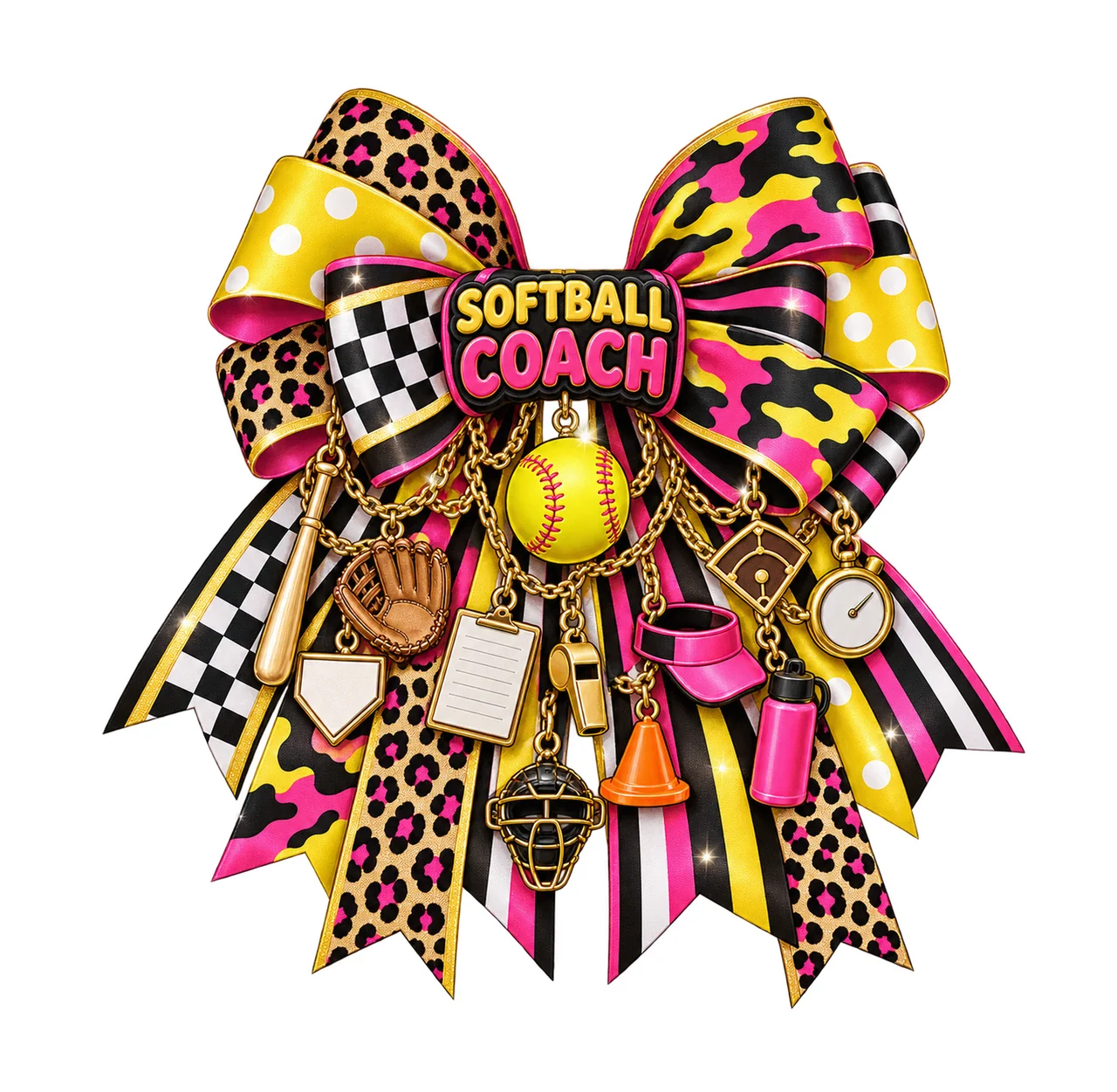 Softball Coach Bow Charm PNG, Gold Chain Charms, Transparent Sublimation Design, Digital Download