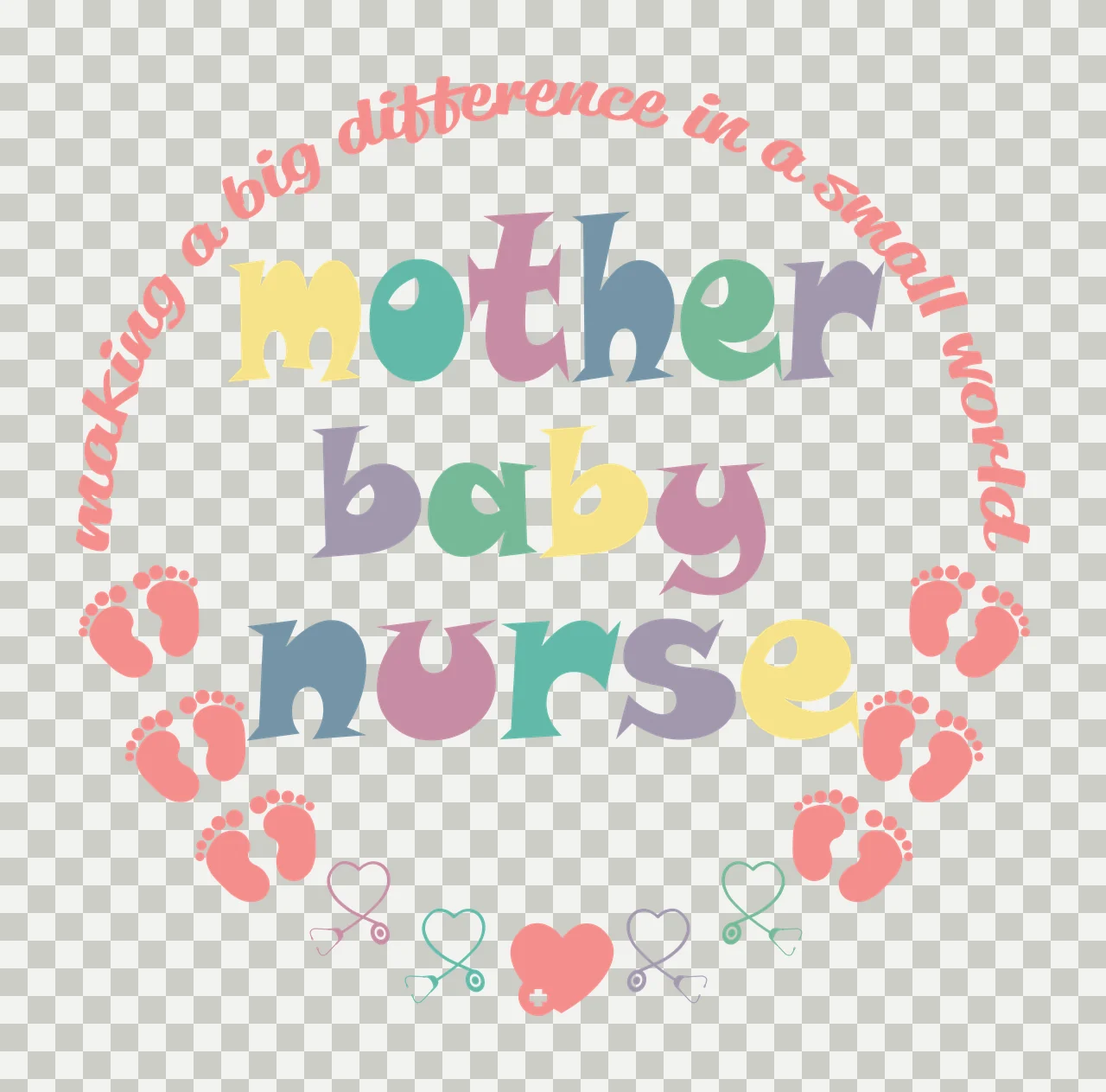 Making a big difference in a small world mother baby nurse Mother baby nurse circular logo Design with pink footprints, colorful letters 'mother baby nurse', pink heart with white cross and purple transparency and detail preview thumbnail