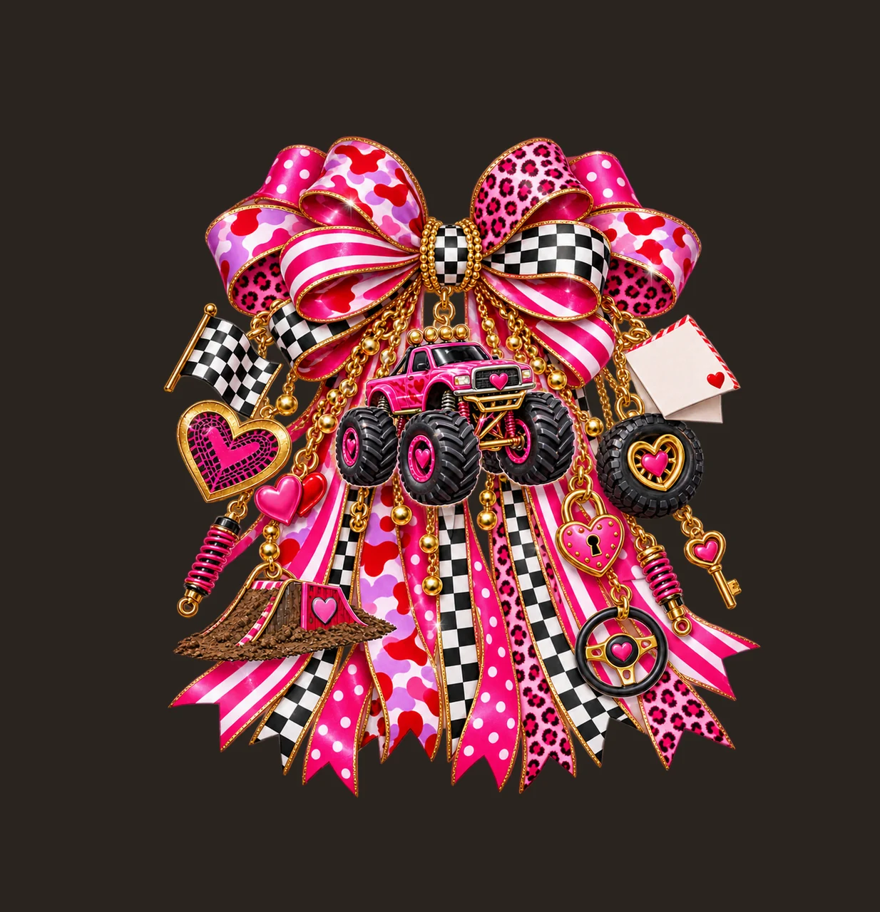 Monster Truck Valentine Bow Charm PNG, Gold Chain Charms, Transparent Sublimation Design, Digital Download contrast preview thumbnail