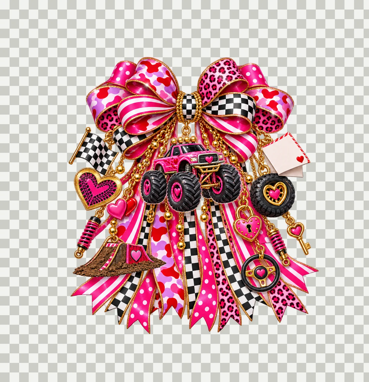 Monster Truck Valentine Bow Charm PNG, Gold Chain Charms, Transparent Sublimation Design, Digital Download transparency and detail preview thumbnail