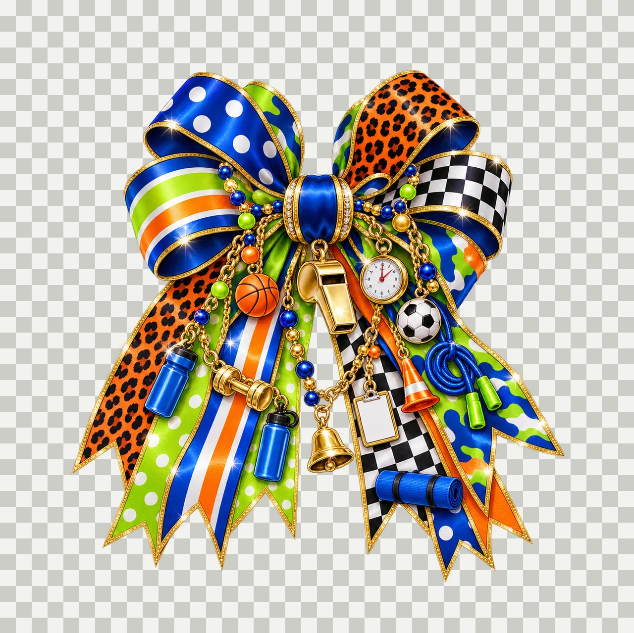Physical Education Teacher Bow Charm PNG, Themed Gold Chain Charms, Coquette Ribbon Sublimation Design, Transparent Digital Download transparency and detail preview thumbnail