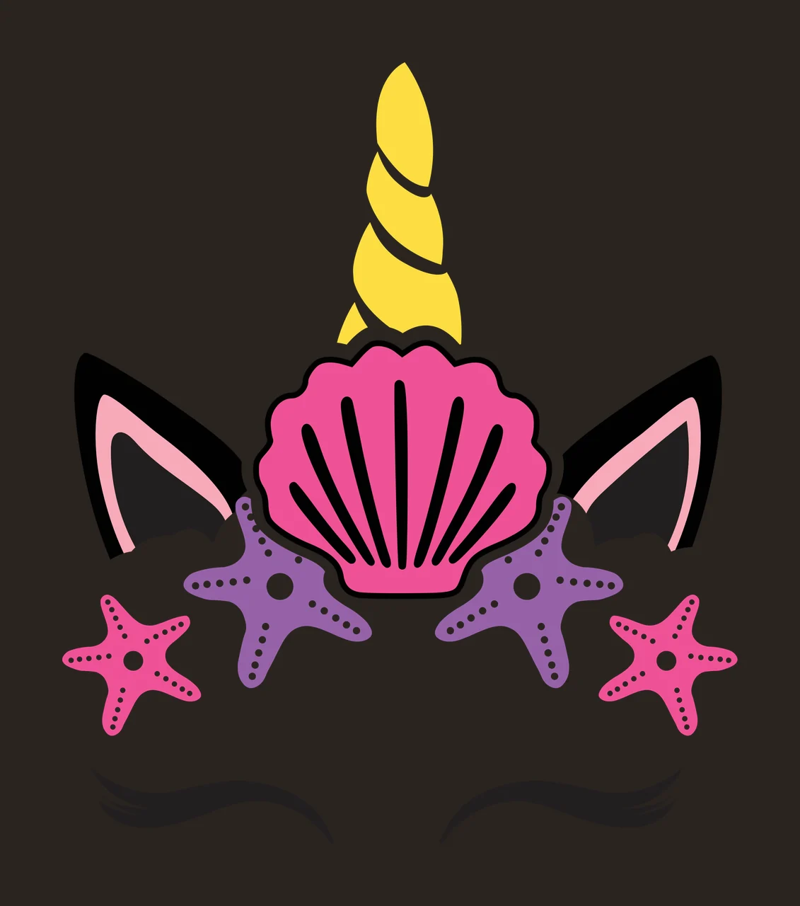 Unicorn head with sea elements Illustration with yellow spiral horn, pink seashell, black unicorn ears with pink inner lining and four starfish two pink two purple contrast preview thumbnail