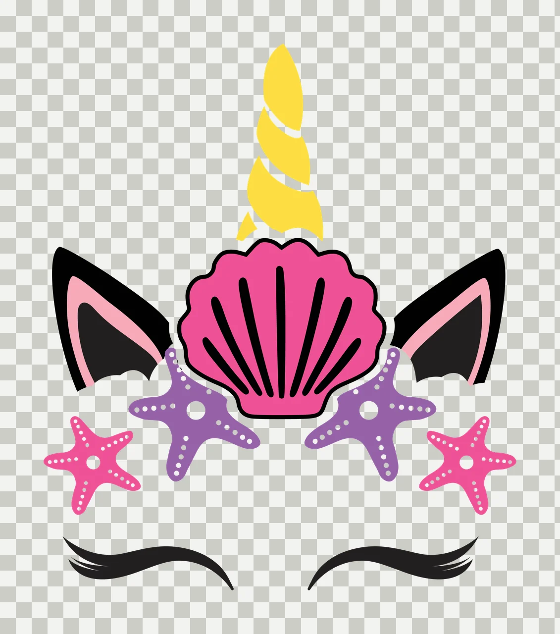 Unicorn head with sea elements Illustration with yellow spiral horn, pink seashell, black unicorn ears with pink inner lining and four starfish two pink two purple transparency and detail preview thumbnail