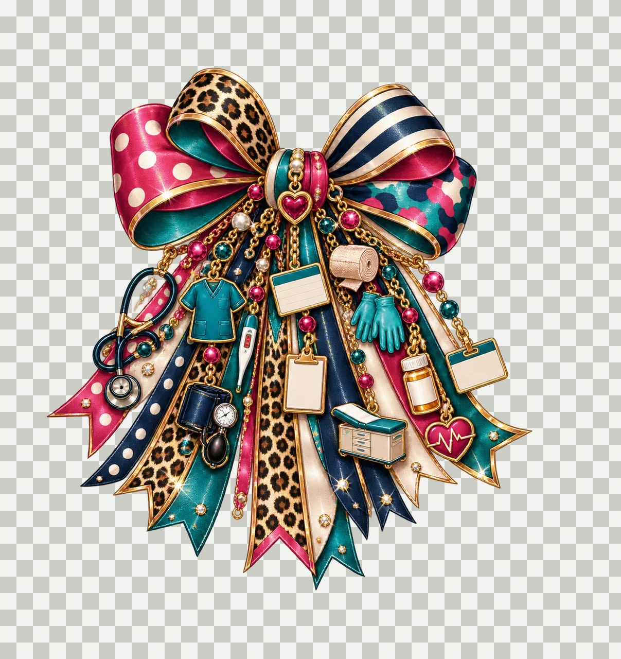Medical Assistant Bow Charm PNG, Themed Gold Chain Charms, Coquette Ribbon Sublimation Design, Transparent Digital Download transparency and detail preview thumbnail
