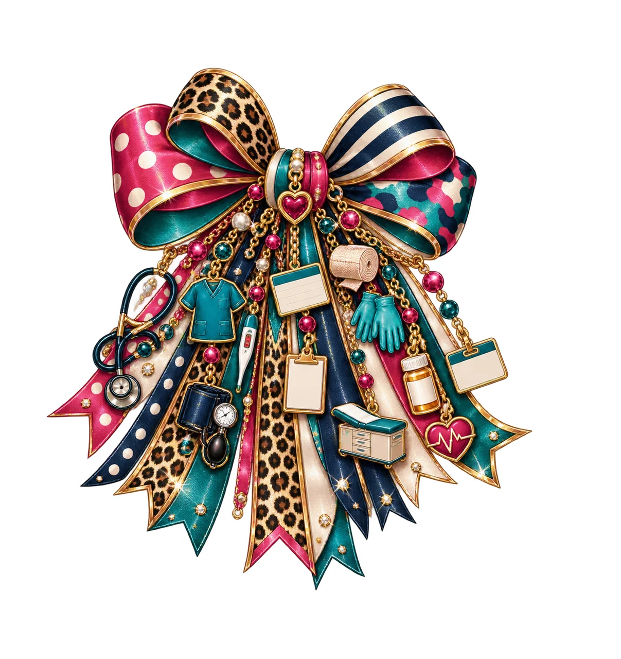 Medical Assistant Bow Charm PNG, Themed Gold Chain Charms, Coquette Ribbon Sublimation Design, Transparent Digital Download