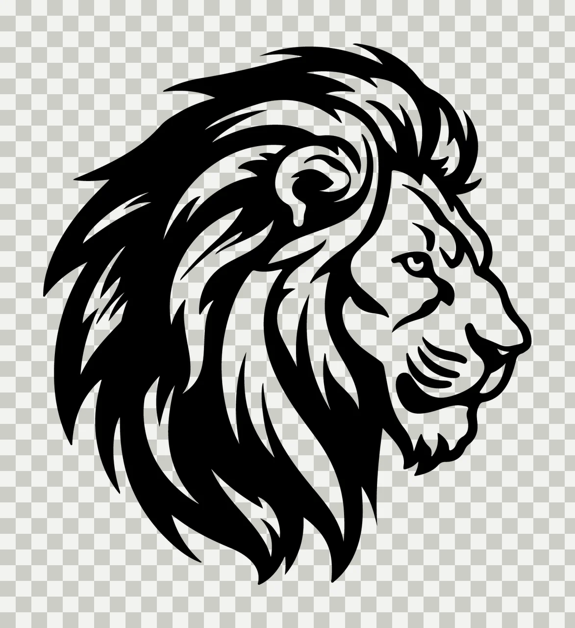 Lion Head Face Black And White Profile mane ear eye snout stencil transparency and detail preview thumbnail