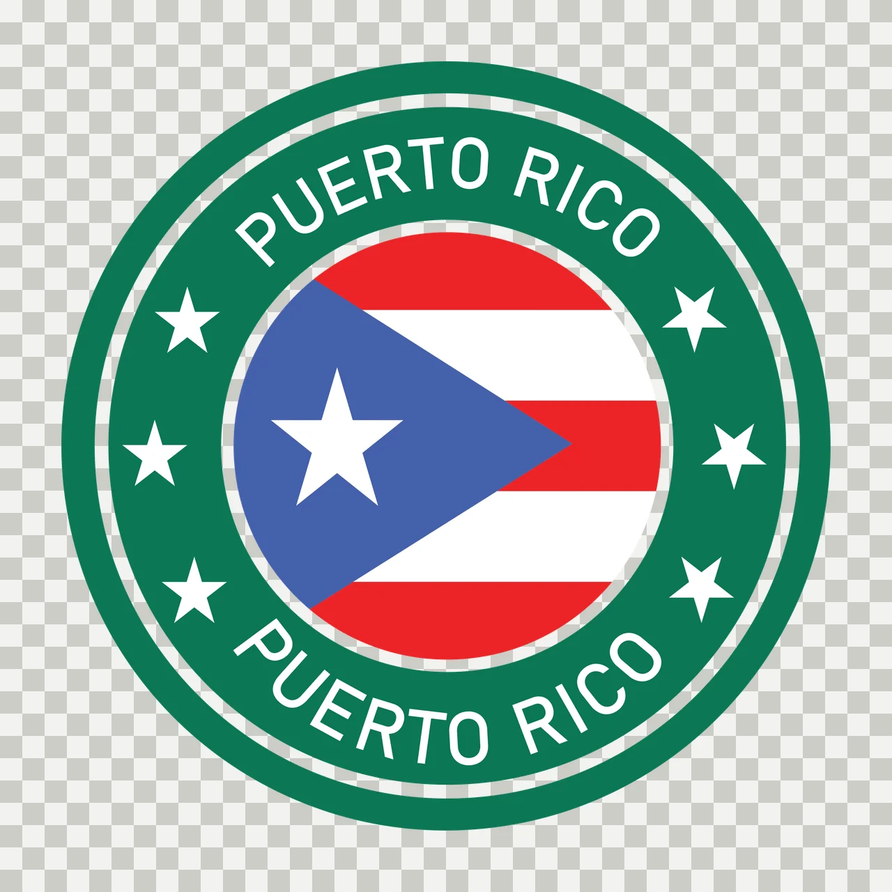 PUERTO RICO PUERTO RICO Puerto Rico flag emblem Design with stars, circular frame, outer ring and text arc in green, white and red transparency and detail preview thumbnail