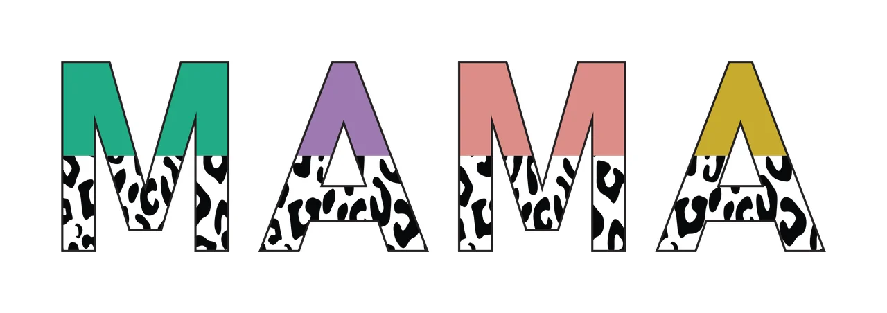 MAMA Typography Design with outlined letters, animal print pattern and color blocks in emerald green, purple and coral pink