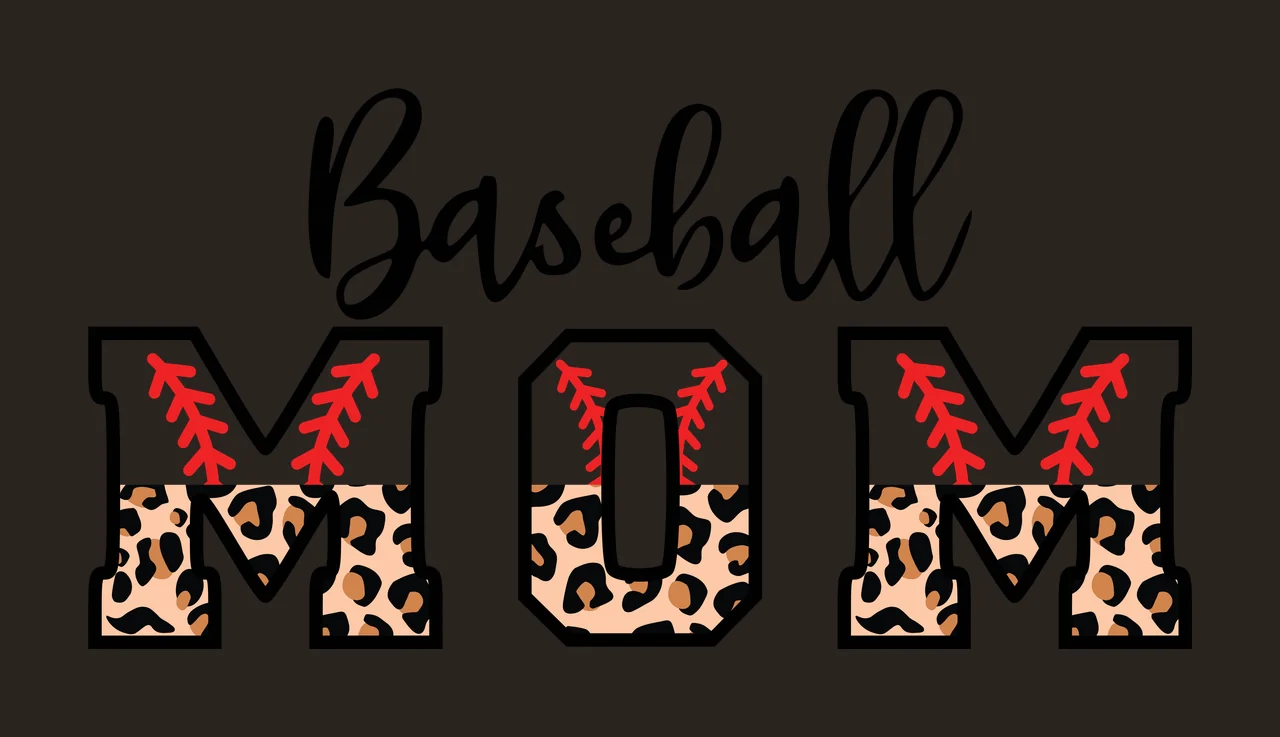 Baseball MOM Typography Design with Baseball text, MOM letters, leopard print pattern and red baseball stitching in black, brown and tan contrast preview thumbnail