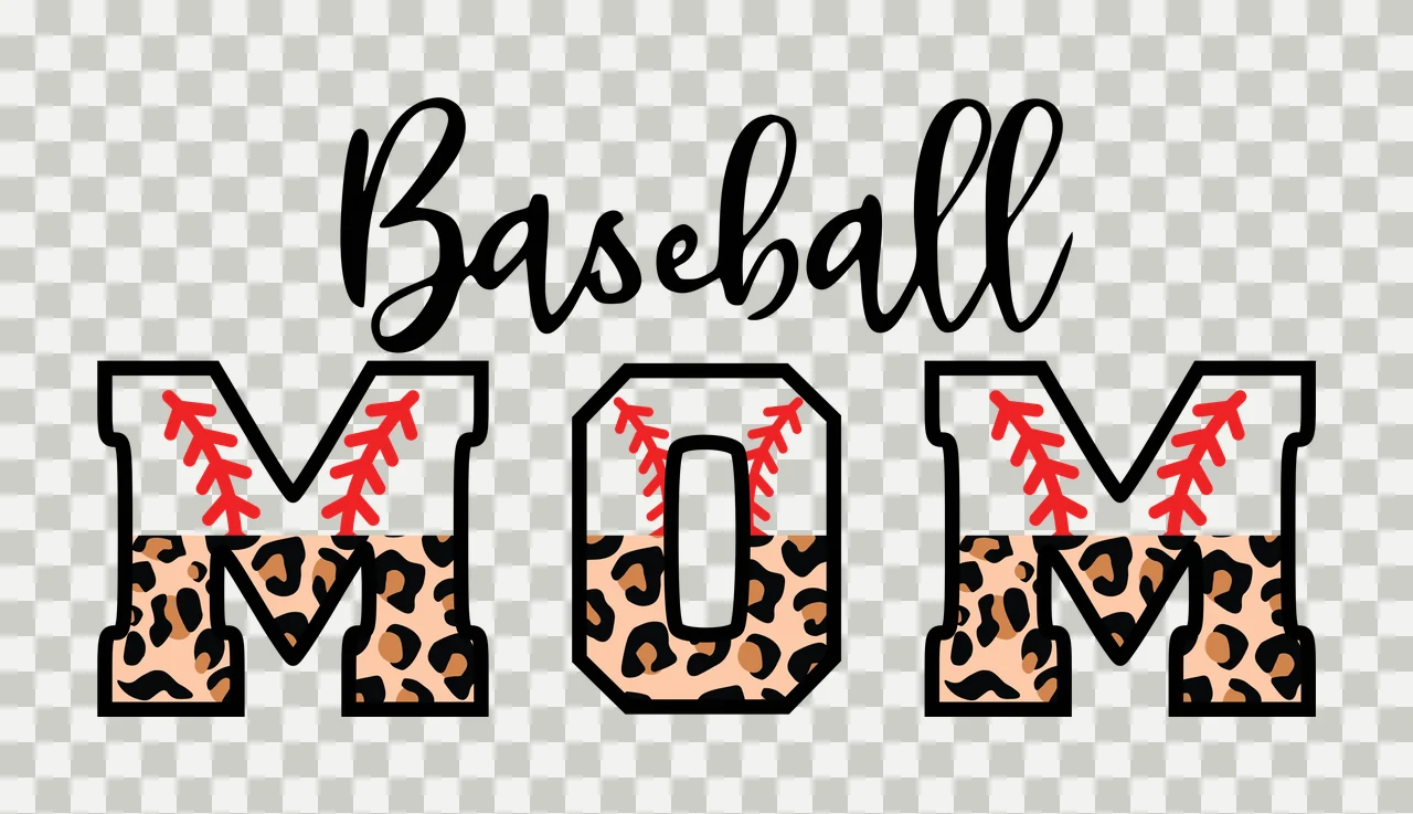 Baseball MOM Typography Design with Baseball text, MOM letters, leopard print pattern and red baseball stitching in black, brown and tan transparency and detail preview thumbnail