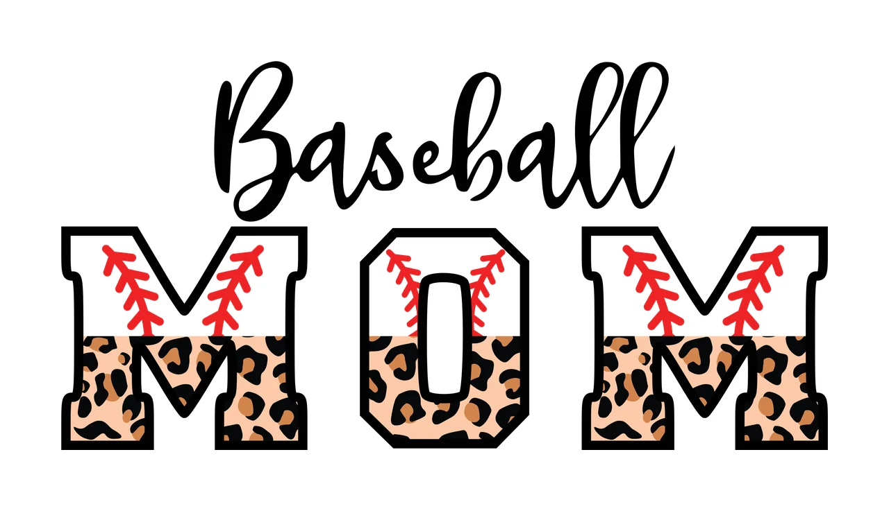 Baseball MOM Typography Design with Baseball text, MOM letters, leopard print pattern and red baseball stitching in black, brown and tan