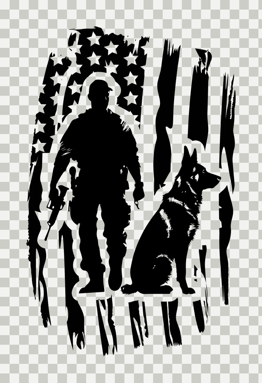 Dog Silhouette Figure With And Flag standing black white stripes transparency and detail preview thumbnail