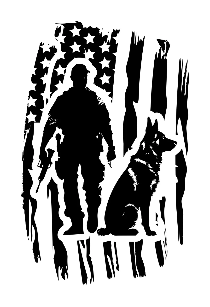 Dog Silhouette Figure With And Flag standing black white stripes