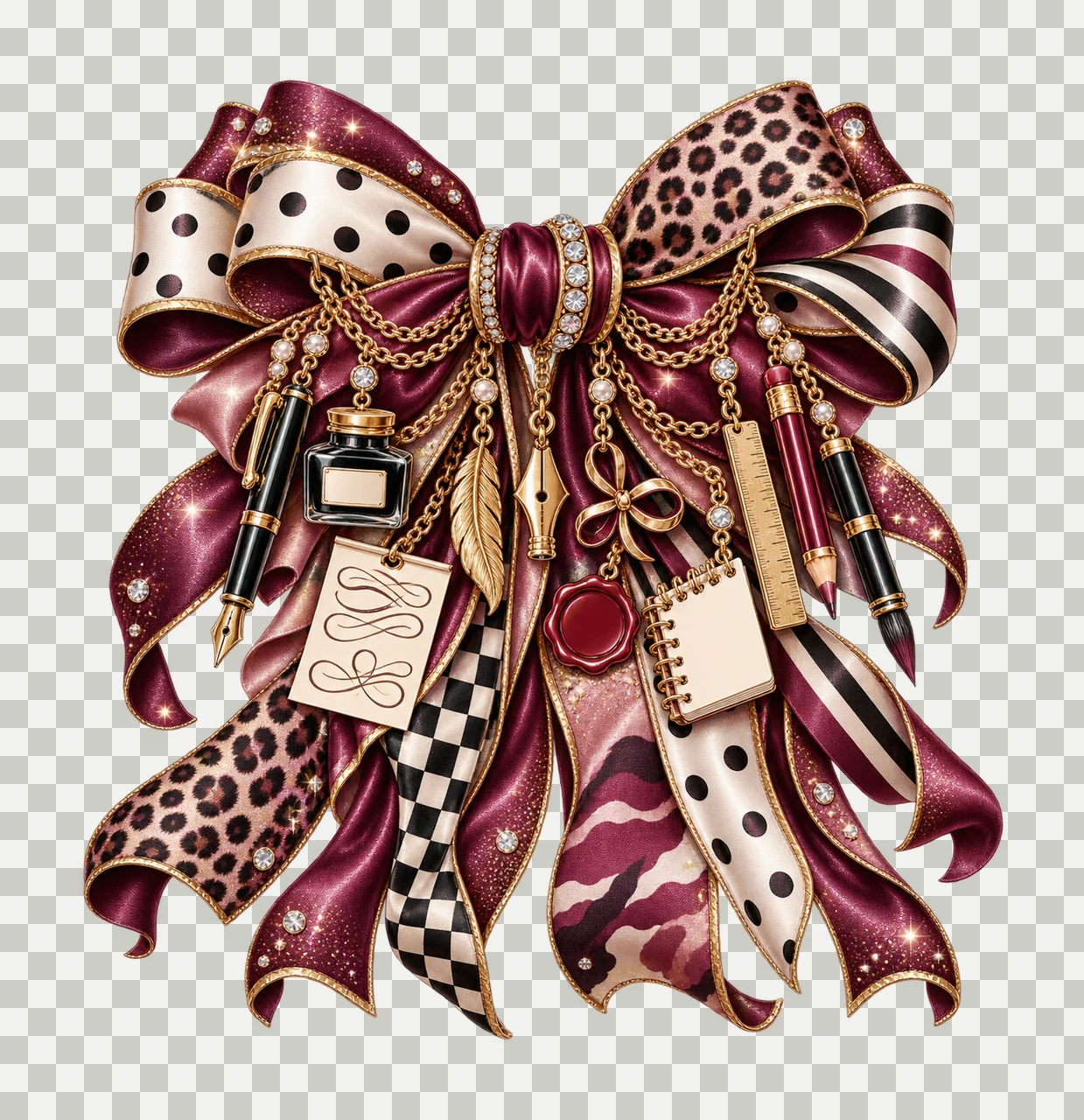 Calligraphy Hand Lettering Bow Charm PNG, Fountain Pen Ink Quill and Nib Charms, Creative Hobby Sublimation Design transparency and detail preview thumbnail