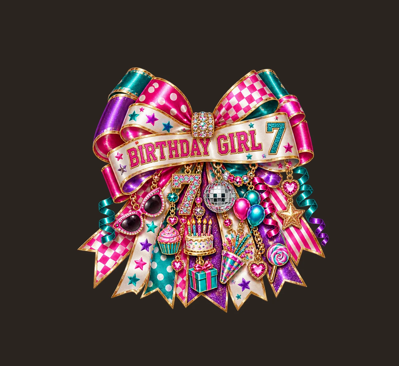 Birthday Girl 7 Bow Charm PNG, Patterned Coquette Bow Clipart, Transparent Sublimation Digital Download contrast preview thumbnail