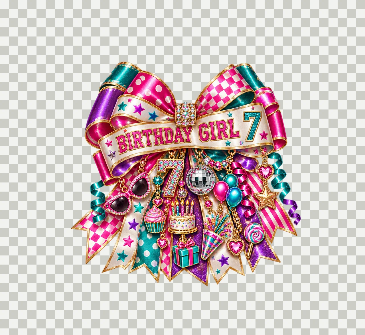 Birthday Girl 7 Bow Charm PNG, Patterned Coquette Bow Clipart, Transparent Sublimation Digital Download transparency and detail preview thumbnail