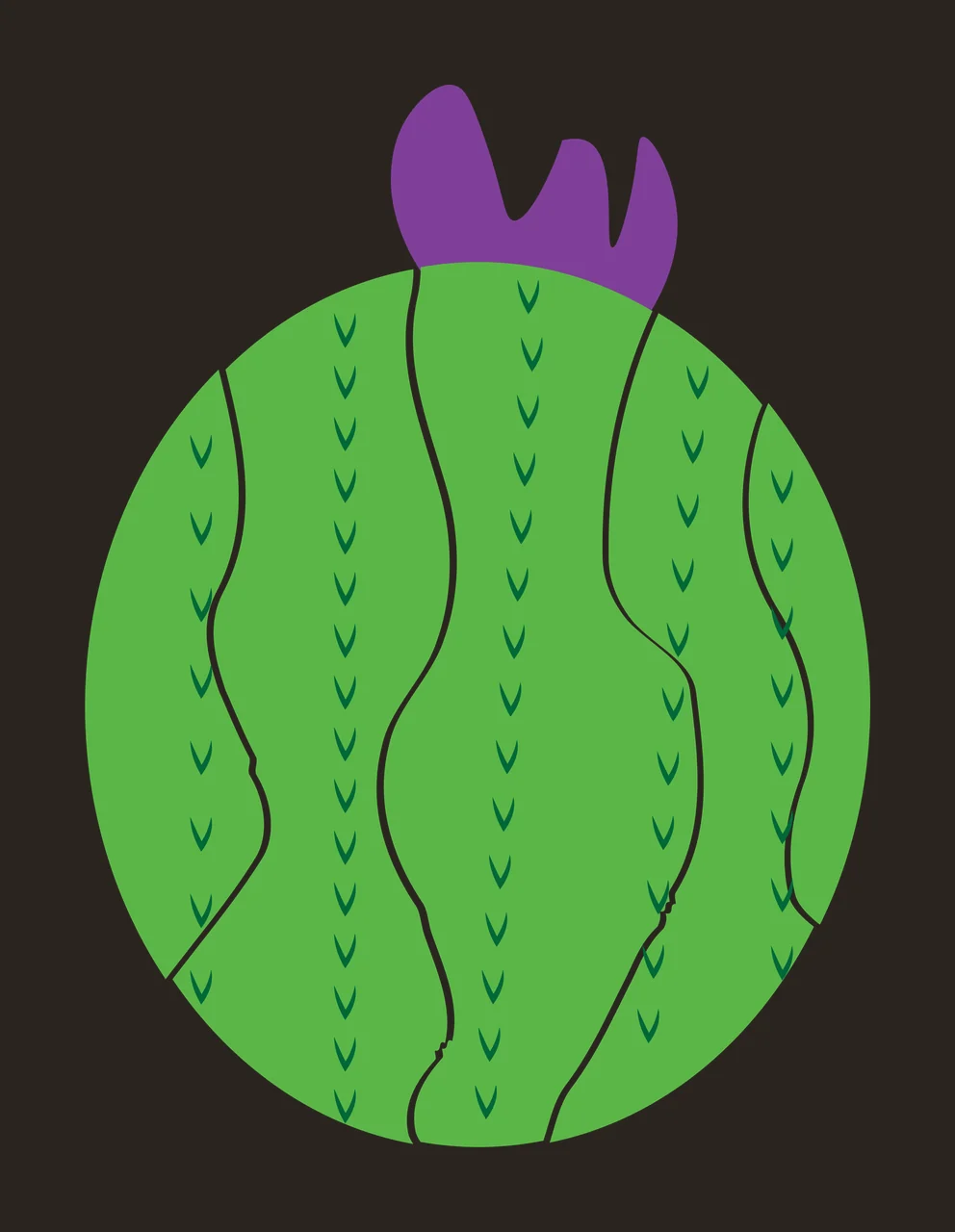 Round green cactus with purple top and green spines Illustration with green cactus body and white vertical lines in dark green contrast preview thumbnail