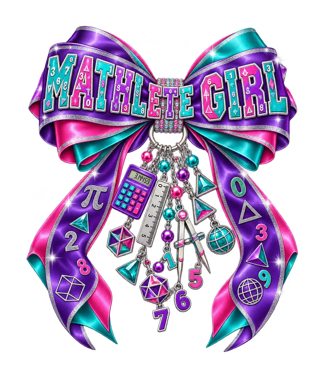Mathlete Girl Bow Charm PNG, Coquette Ribbon Sublimation, Transparent Digital Download