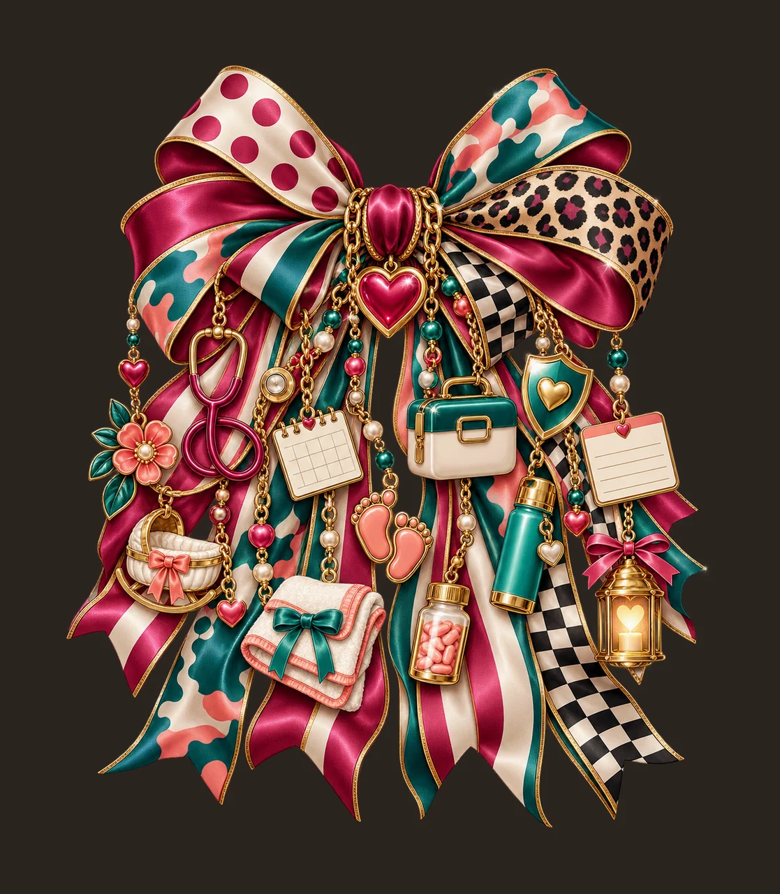 Maternal Health Support Bow Charm PNG, Heart Stethoscope Cradle and Care Charms, Family Health Sublimation Design contrast preview thumbnail