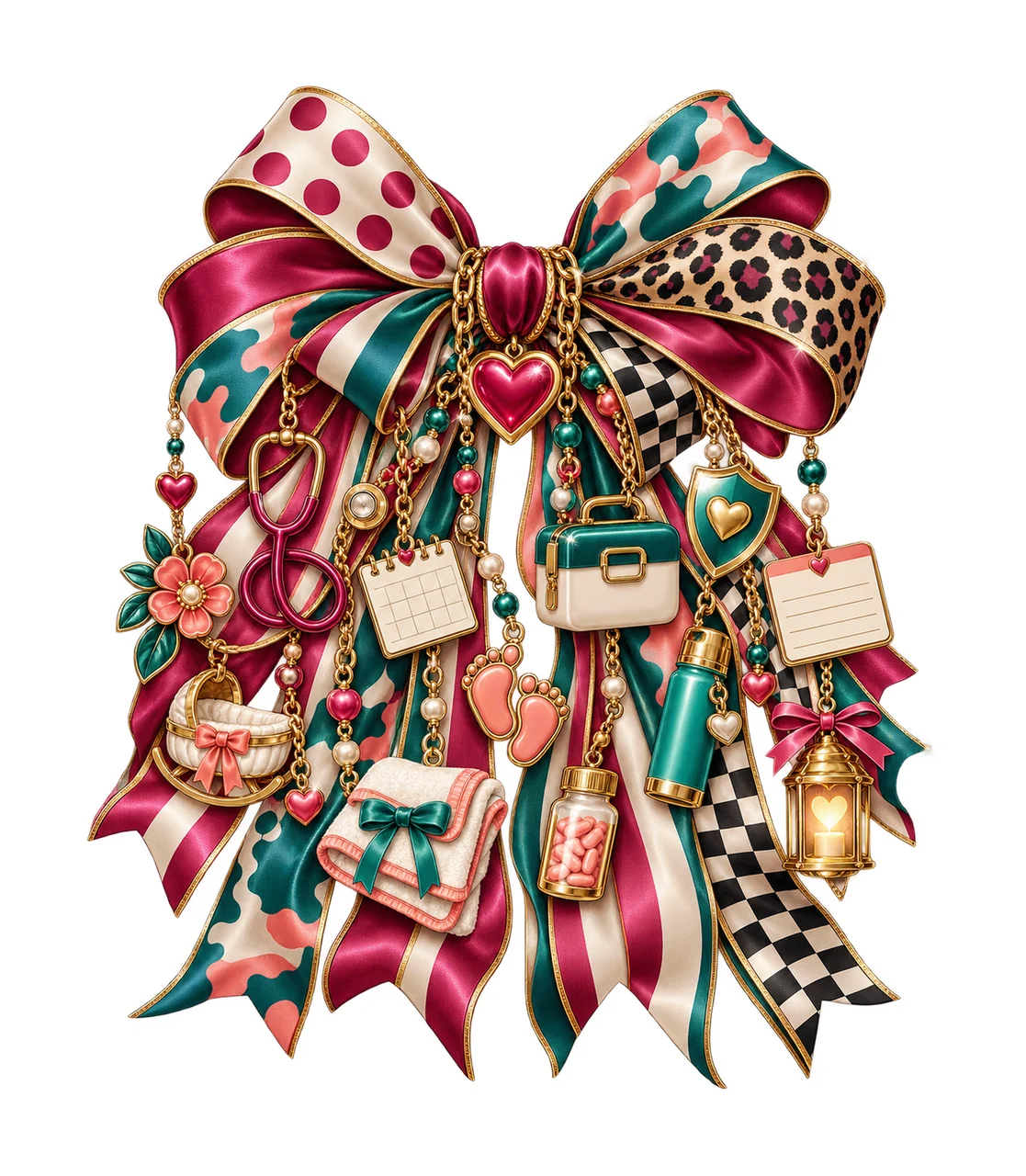 Maternal Health Support Bow Charm PNG, Heart Stethoscope Cradle and Care Charms, Family Health Sublimation Design