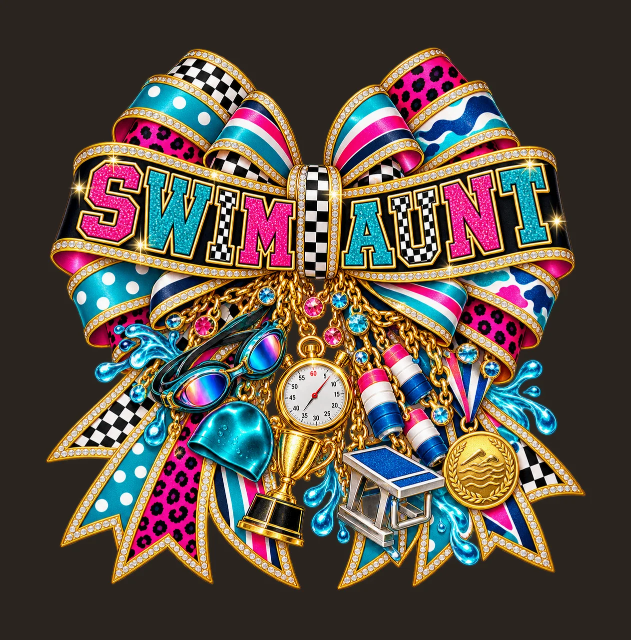 Swim Aunt Bow Charm PNG, Patterned Varsity Aunt Ribbon Clipart, Transparent Sublimation Digital Download contrast preview thumbnail