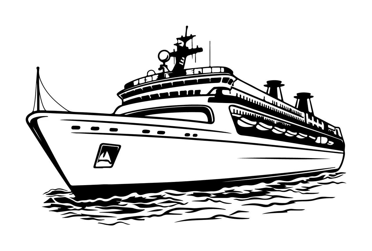 Cruise Ship Sailing On Waves antenna lifeboats line drawing