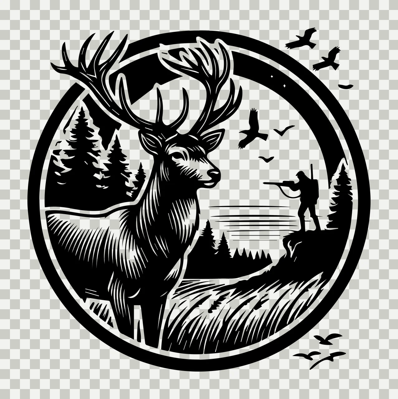 Stag Silhouette In Outdoor Forest Landscape standing trees transparency and detail preview thumbnail