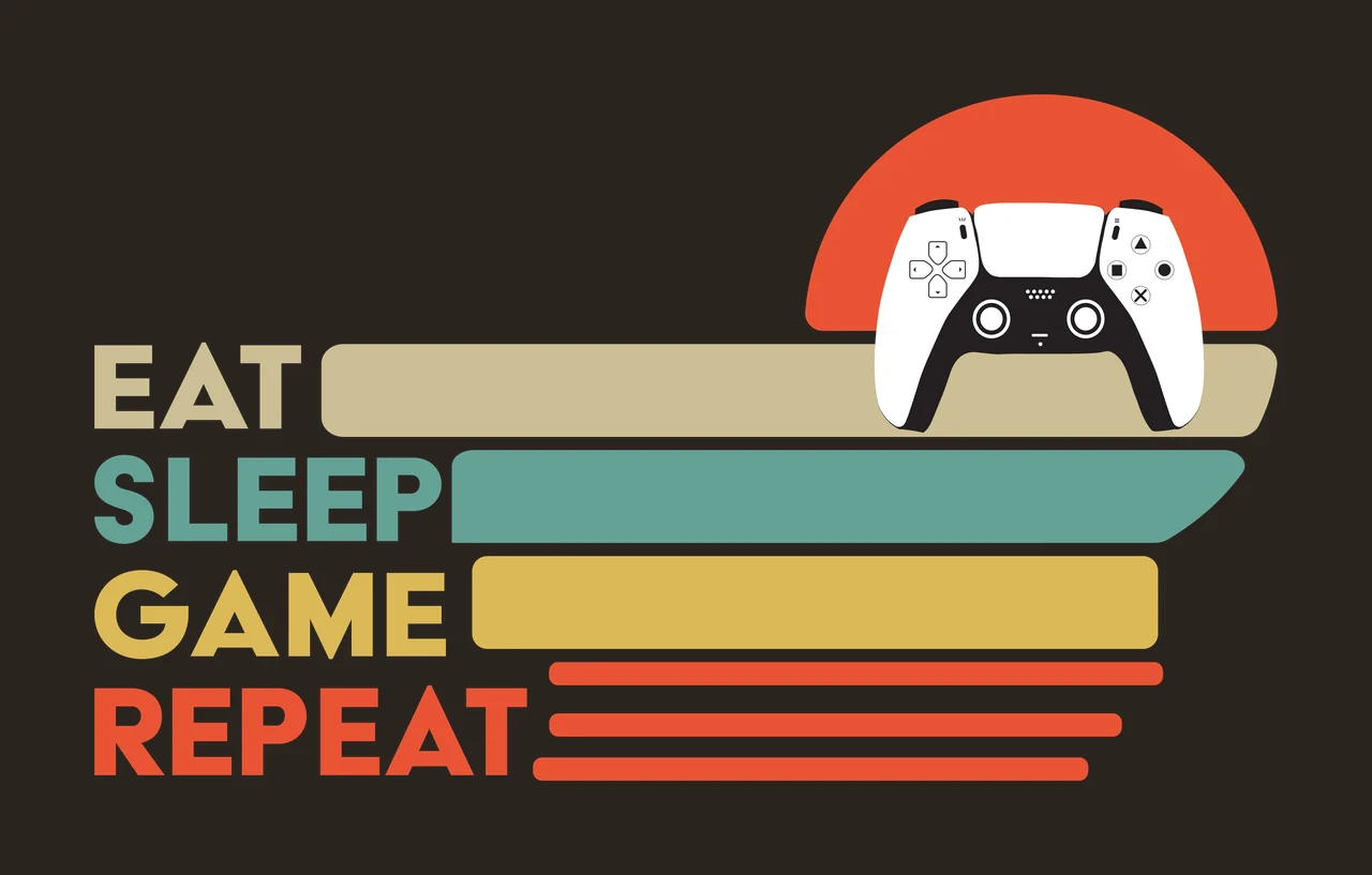 EAT SLEEP GAME REPEAT video game controller Design with horizontal stripes, semi-circle sun and typography in red, orange and tan contrast preview thumbnail