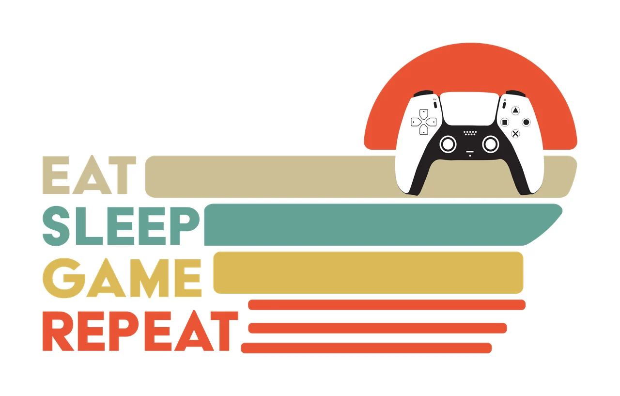 EAT SLEEP GAME REPEAT video game controller Design with horizontal stripes, semi-circle sun and typography in red, orange and tan