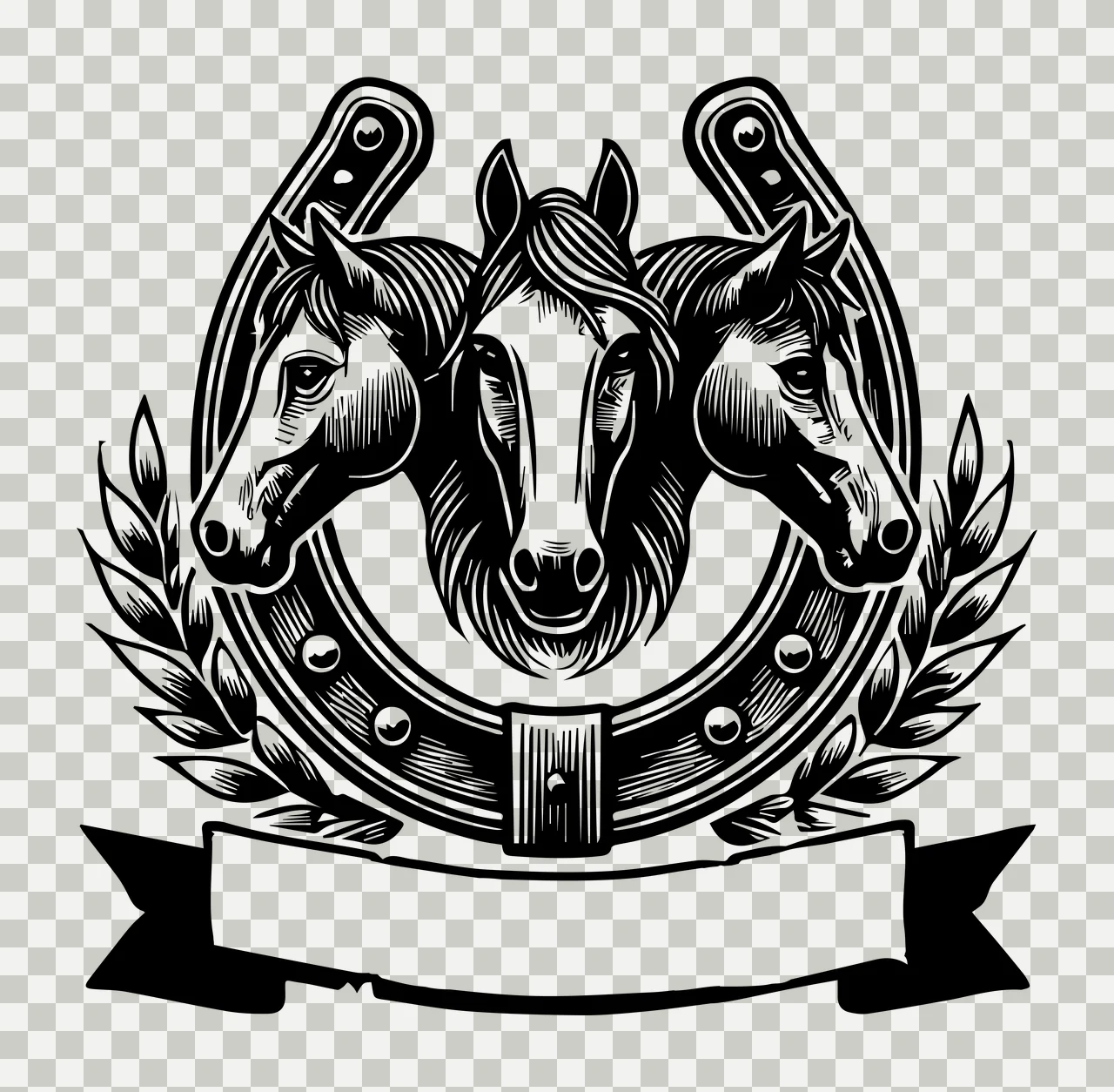 Horse Three Horses With Horseshoe And Banner Framed wheat Line art transparency and detail preview thumbnail