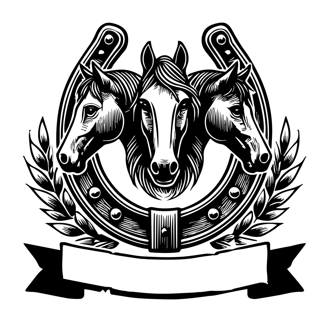 Horse Three Horses With Horseshoe And Banner Framed wheat Line art