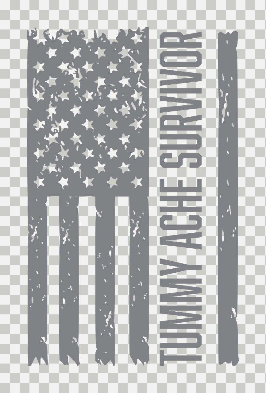 TUMMY ACHE SURVIVOR Typography Design with gray flag with white stars, vertical white stripes, gray vertical stripe on right and text 'TUMMY ACHE SURVIVOR' in bold uppercase transparency and detail preview thumbnail