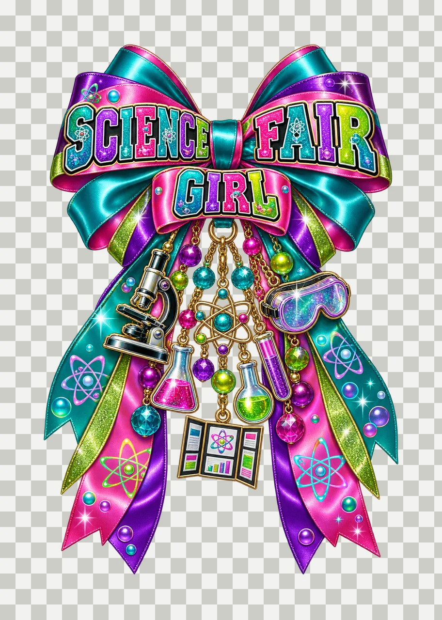 Science Fair Girl Bow Charm PNG, Coquette Ribbon Sublimation, Transparent Digital Download transparency and detail preview thumbnail