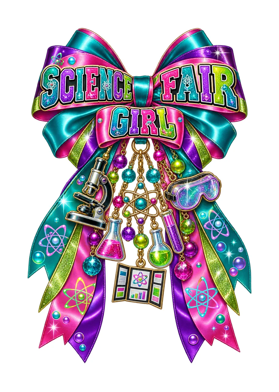 Science Fair Girl Bow Charm PNG, Coquette Ribbon Sublimation, Transparent Digital Download