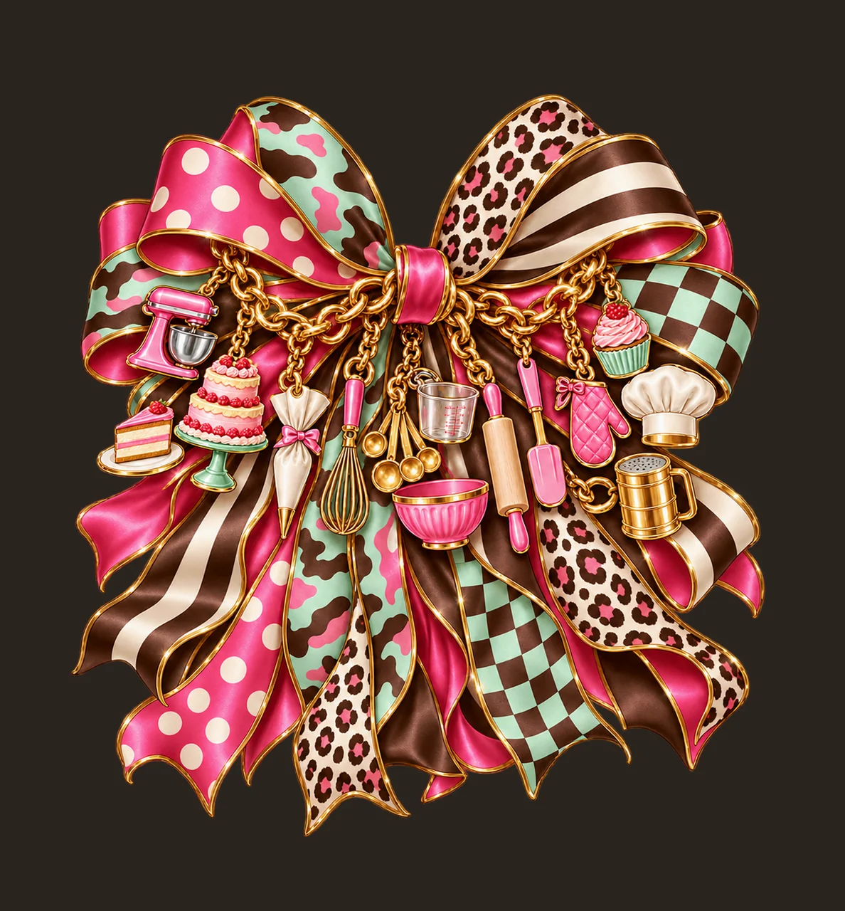 Cake Baker Bow Charm PNG, Layer Cake Mixer Whisk and Baking Tool Charms, Bakery Sublimation Design, Transparent Digital Download contrast preview thumbnail