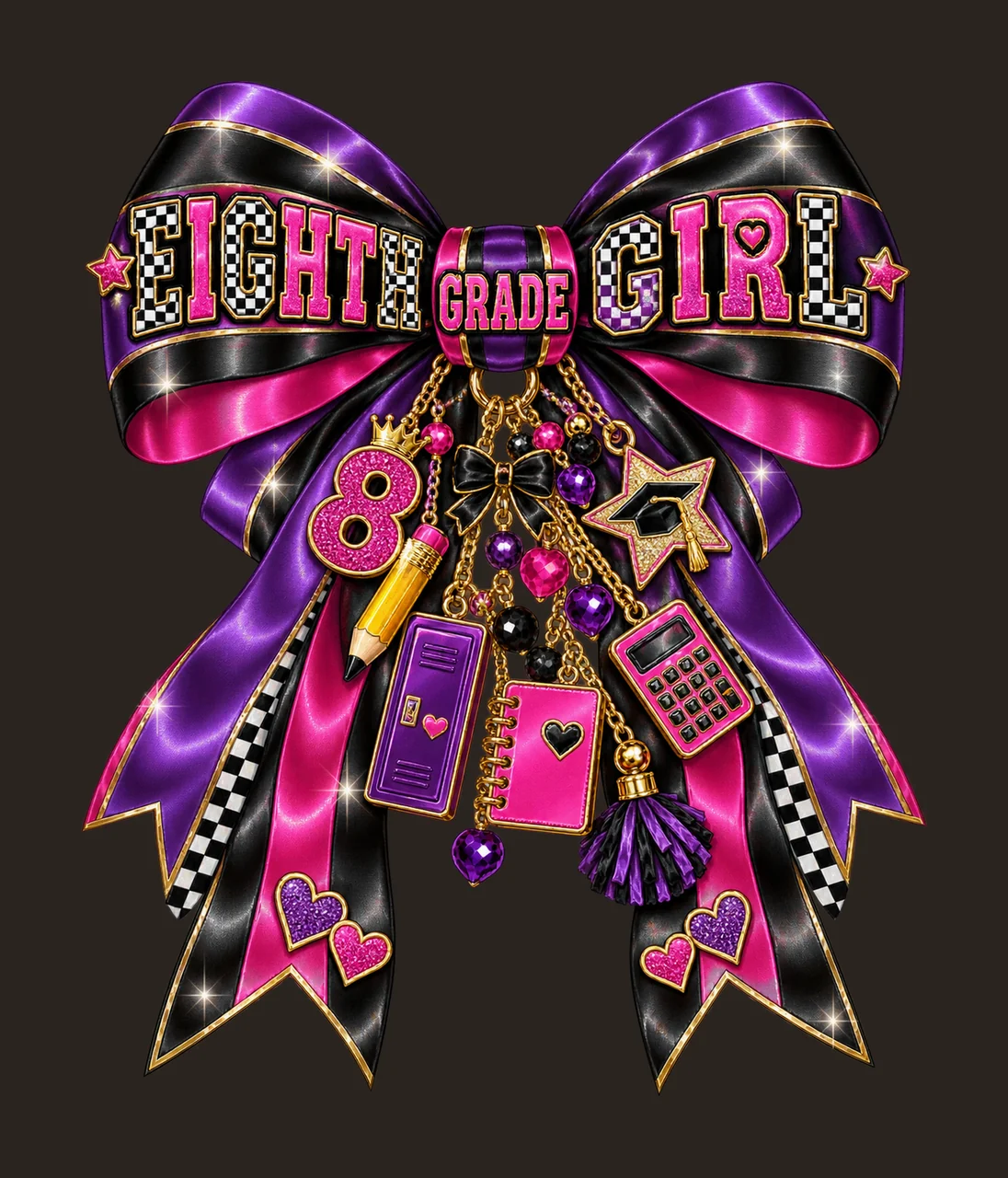 Eighth Grade Girl Bow Charm PNG, Coquette Ribbon Sublimation, Transparent Digital Download contrast preview thumbnail