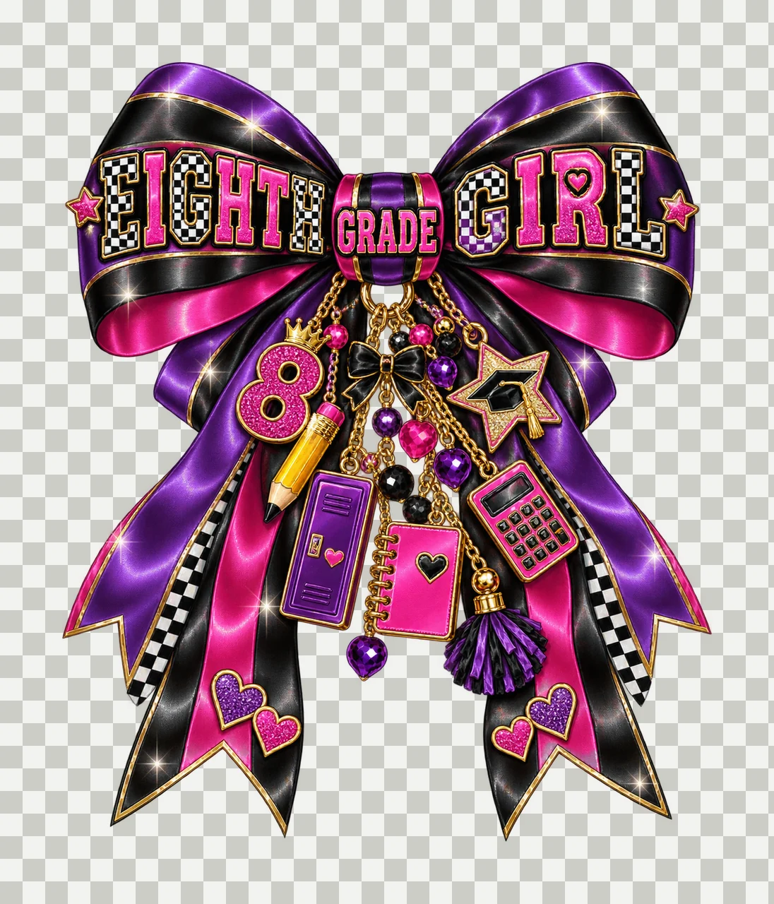 Eighth Grade Girl Bow Charm PNG, Coquette Ribbon Sublimation, Transparent Digital Download transparency and detail preview thumbnail