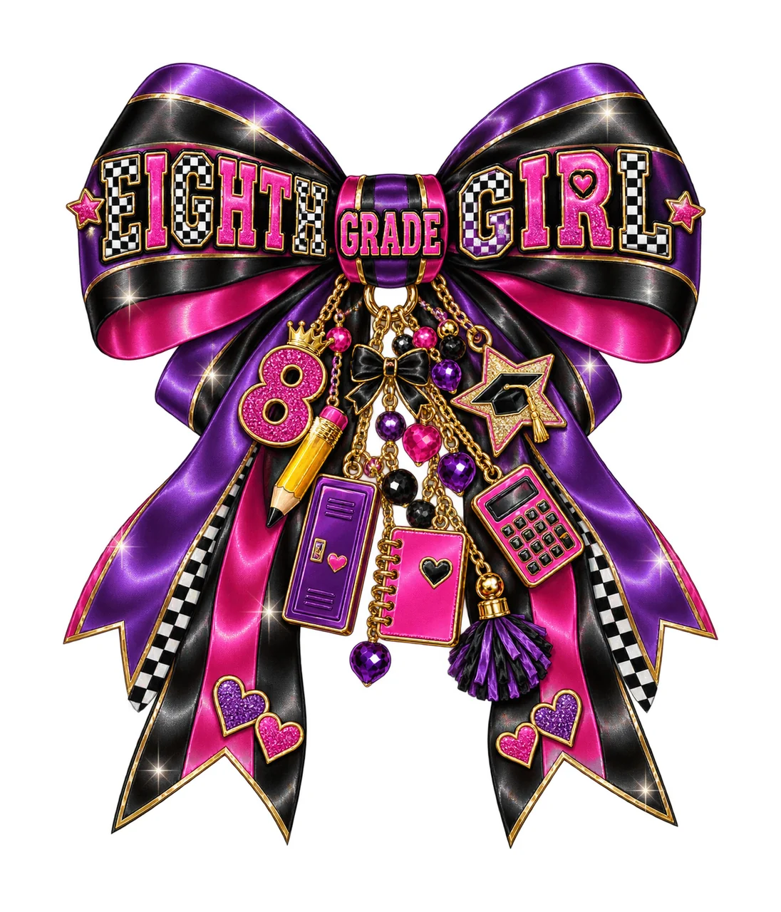 Eighth Grade Girl Bow Charm PNG, Coquette Ribbon Sublimation, Transparent Digital Download