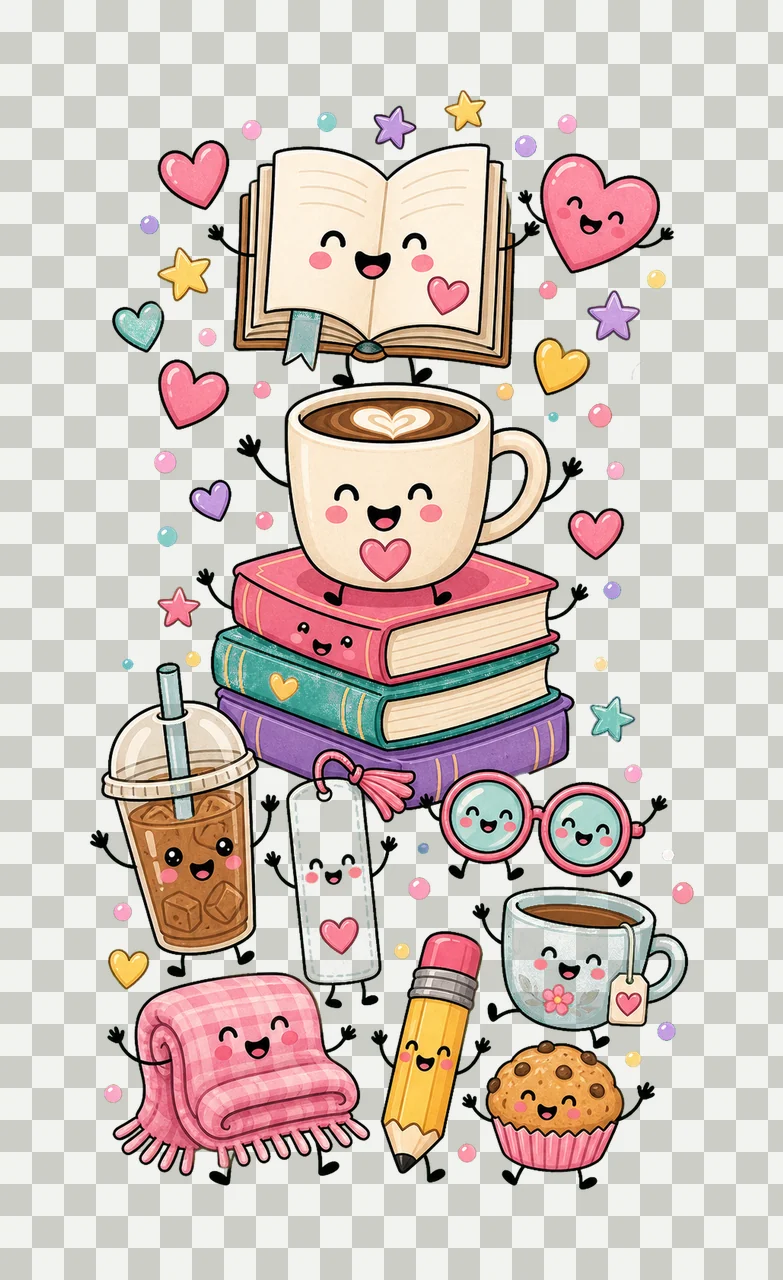 Books and Coffee Characters Doodle Cute Happy Variation A transparency and detail preview thumbnail