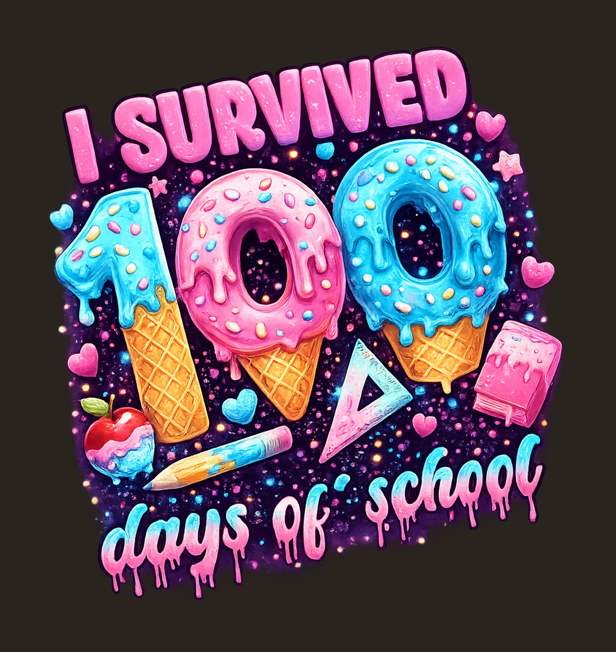 Survived 100 Days Of School Ice Cream Drip Design 100th Day contrast preview thumbnail