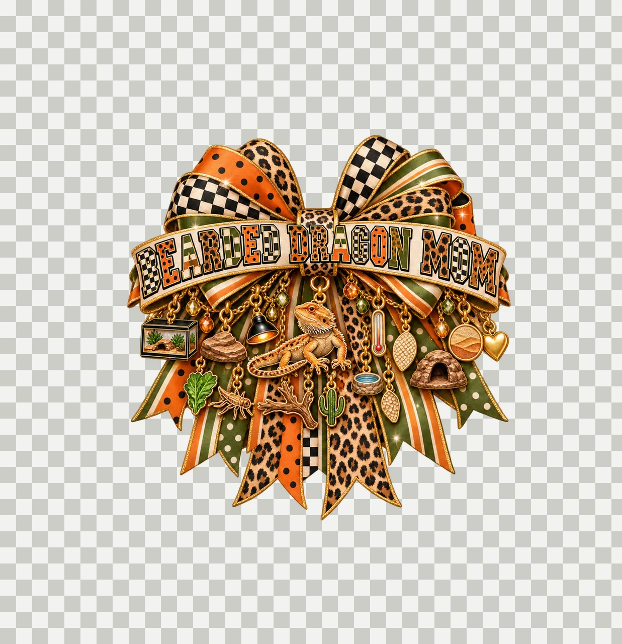 Bearded Dragon Mom Bow Charm PNG, Patterned Varsity Mom Ribbon Clipart, Transparent Sublimation Digital Download transparency and detail preview thumbnail