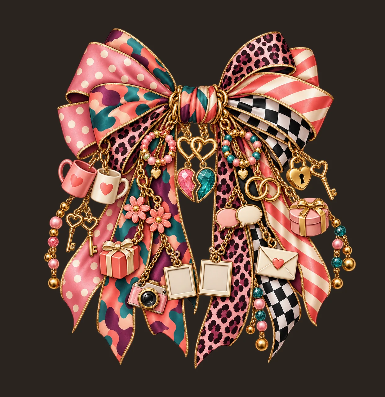 Best Friend Bow Charm PNG, Themed Gold Chain Charms, Coquette Ribbon Sublimation Design, Transparent Digital Download contrast preview thumbnail