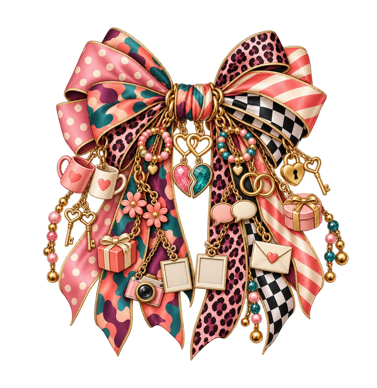 Best Friend Bow Charm PNG, Themed Gold Chain Charms, Coquette Ribbon Sublimation Design, Transparent Digital Download
